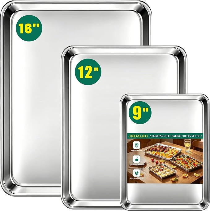 Stainless Steel Cookie Sheets for Baking Set of 3, Stainless Steel Baking Sheet, 9.3/12.5/16 Inch Sheet Pans, Non Stick, BPA Free, Dishwasher Safe, Durable and Easy Clean (Set of 3-9,12,16”)