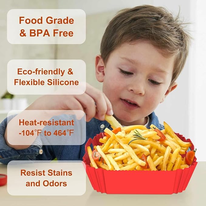 Large Silicone Air Fryer Liners Square 5-9 QT, 7.9 Inch Reusable Airfryer Liners Air Fryer Silicone Liners Pot Oven Liner Baking Tray, AirFryer Basket Mat Bowl Accessories, 2 Pack
