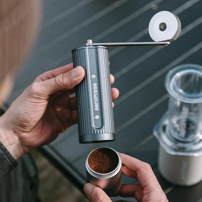 AeroPress Manual Coffee Grinder, Portable Hand Burr Grinder | Titanium-Coated Conical Burrs, 60 Grind Settings, Compact Travel