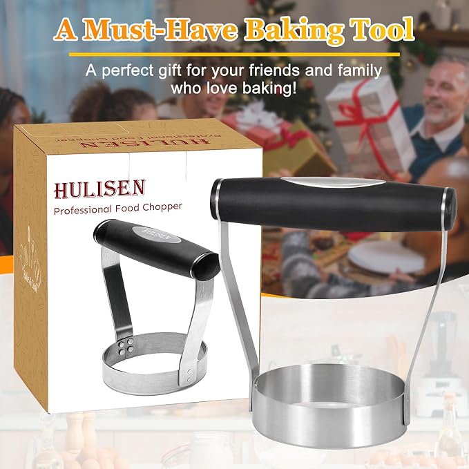 HULISEN Food Chopper Manual Hand, Stainless Steel Hand Chopper, Plain Edge | 3 inch Round, Ergonomic Rubber Handle, Chops Egg Nut Collard Tuna Salad & Ground Beef, Dishwasher Safe