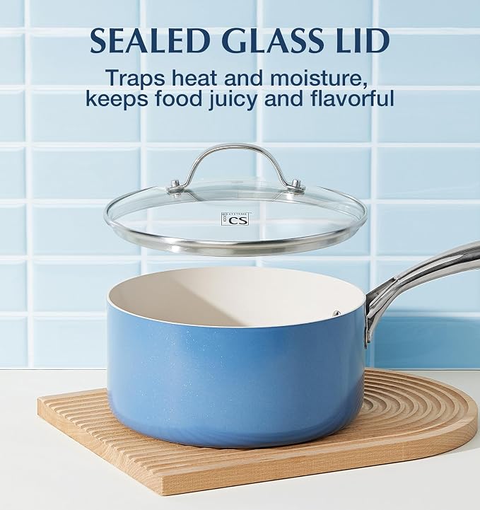 KOCH SYSTEME CS Small Saucepan with Lid, 1 Quart Nonstick Sauce Pan with PFAS-FREE Ceramic Coatings, Non-Toxic, Scratch-Resistant Small Cooking Pot with Lid, 1QT Small Sauce Pan, Blue