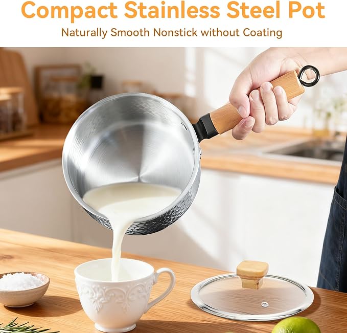 WANGYUANJI 1.8 Quart Stainless Steel Saucepan with Lid, Tri-Ply Steel Small Sauce Pan, Coating-Free Interior, Hammered Finish, Induction Compatible Soup Pot with Tempered Glass Lid & Wood Handle