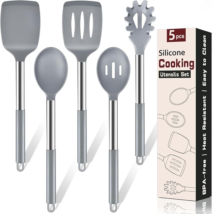 5Pcs Silicone Cooking Utensils Set, Heat Resistant Kitchen Tools Include Solid&Slotted Spatula, Cooking Spoon and Pasta Server, Silicone Kitchen Utensils set for Nonstick Cookware Flipping, Gray