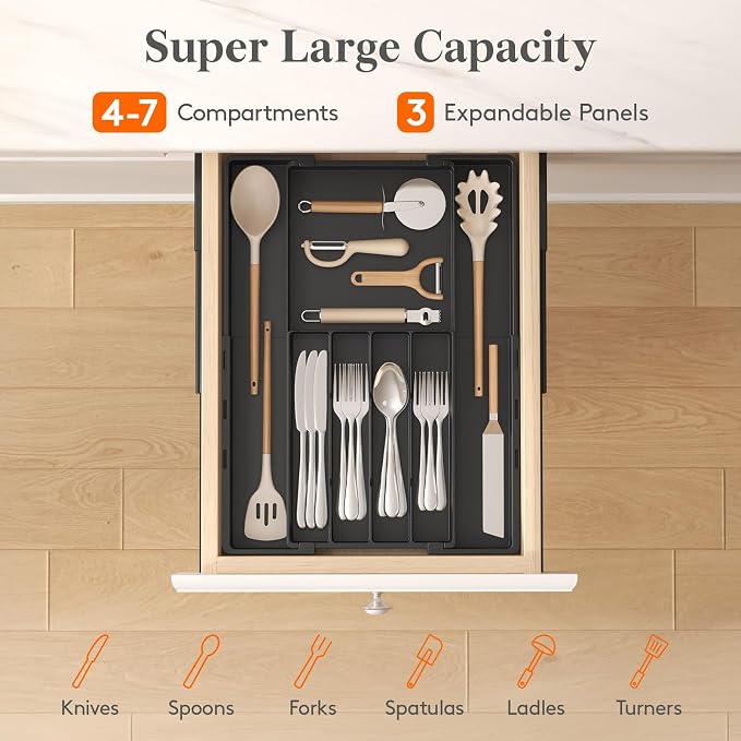 Lifewit Silverware Drawer Organizer, Expandable Utensil Tray for Kitchen, BPA Free Flatware and Cutlery Holder, Adjustable Plastic Storage for Spoons Forks Knives, 4-7 Slots, Black