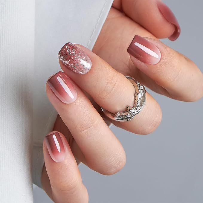 CurvLife Short Square Press On Nails, Misty Pink, Soft Gel | 32PCS, 16 Sizes, Salon-Quality Natural Fake Nails, Curved Fit, 7-14 Day Glue-On Wear, Reusable Stick-On Nails, Press-On Kit