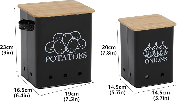 Kitchen Vegetable Storage Tins Set of 2, Onion and Potato Storage Bins with Wooden Lid and Aerating Holes, Garlic Bin Caddy, Vintage Kitchen Decor, Black