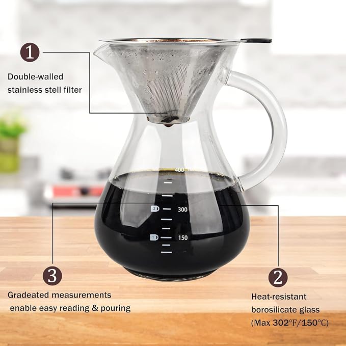 T-mark Double layer reusable stainless steel filter 400ml/14oz | BPA-Free Glass Coffee Carafe, Glass Coffee Maker, Coffee Dripper Brewer