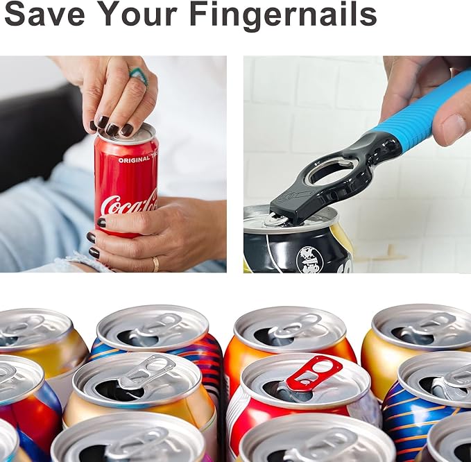 2-in-1 Soda Can Tab & Beer Bottle Opener, Blue, 2-Pack | Easy pull tab opener with soft silicone handle protects nails & arthritic hands. Great for bars, picnics, and outdoor events
