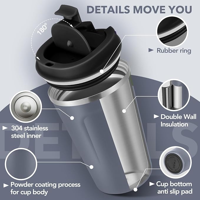 Volhoply 12 oz Double Wall Insulated Vacuum Travel Coffee Mugs with Flip Lid Bulk 2 Pack,Reusable Stainless Steel Leak Proof Coffee Cup,Portable Cafe Thermal Tumbler for Hot & Cold Drinks(Gray,2 Set)