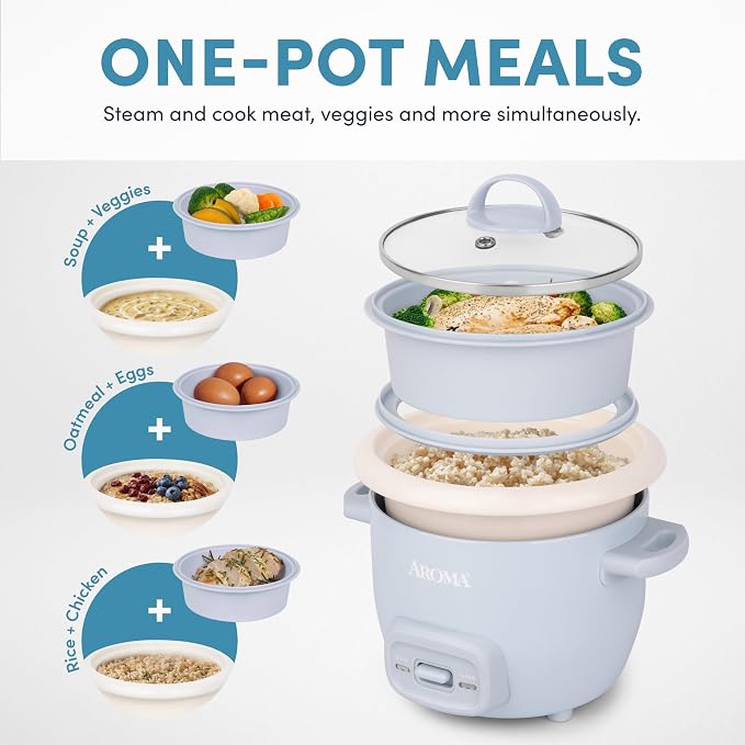 AROMA CoreCoat™ Mini Rice Cooker (3 Cups Cooked) with Nonstick Ceramic Pot Coating, Glass Lid, and Pop-Up Steamer Tray, 0.8 Quart