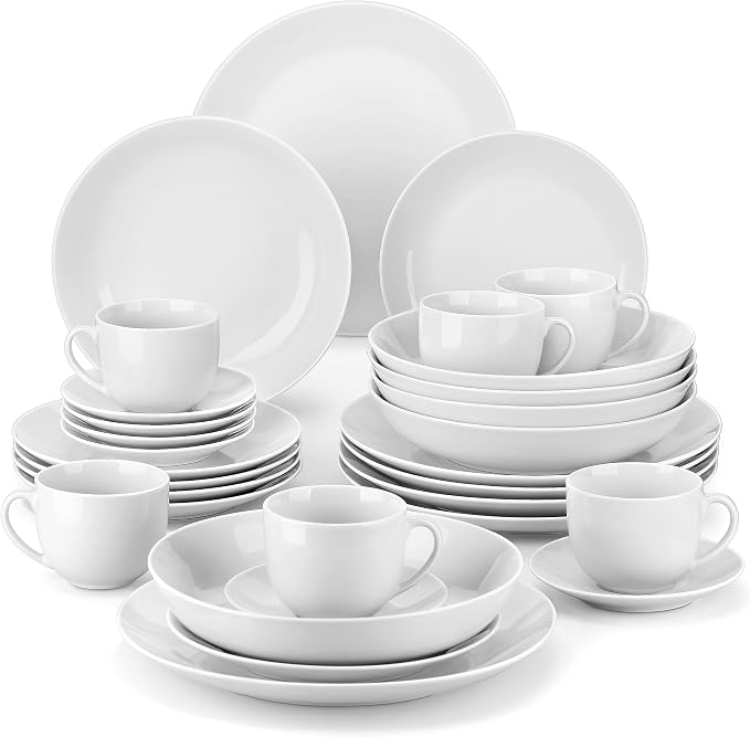 MALACASA 30-Piece Porcelain Dinnerware Set, White Round Dish Set for 6 | Serving Plates and Bowls Sets for Dessert, Salad, Soup, Pasta, Microwave & Dishwasher Safe, Including Cups - Series AMELIA