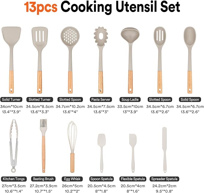 13PCS Silicone Kitchen Utensils Set for Nonstick Cookware, Khaki | Food Grade, Heat Resistant Kitchen Utensil Spatula Set, Wooden Handles Kitchen Gadgets Tools Set