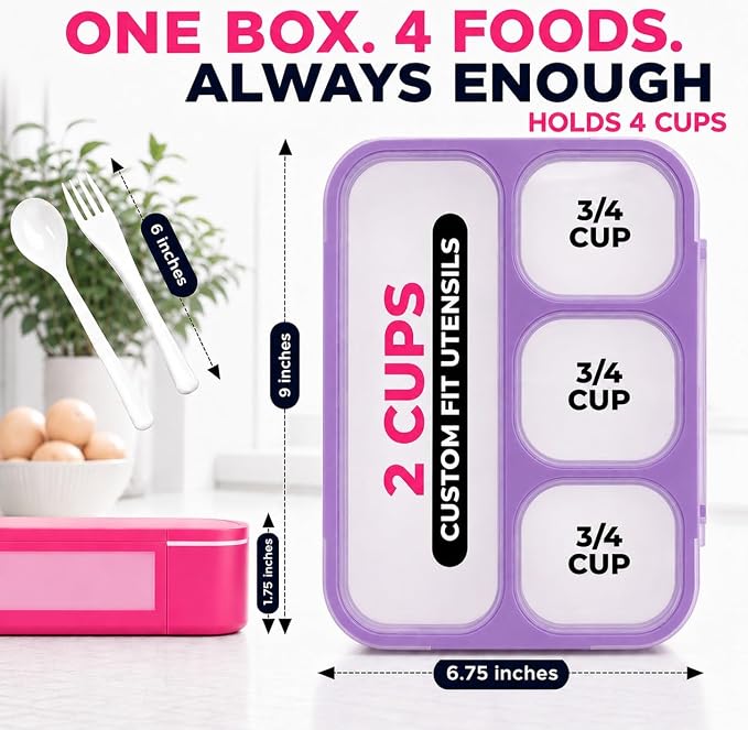 kinsho Bento Box Lunch Boxes for Kids Adults with Utensils, Pink & Purple | Meal & Snack Containers with 4 Divided Portion Compartments, Leak Proof School Work Travel Toddler Daycare BPA Free