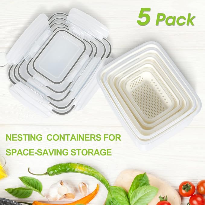 5 Pack Fruit Storage Containers for Fridge Berry Keeper Produce Saver | Leak-proof Food Container Set with Colander Veggie Keep Fresh BPA Free Plastic Refrigerator Organizer Freezer Dishwasher Safe