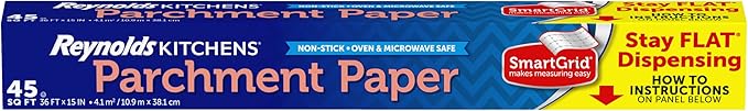 Reynolds Kitchens Stay Flat Parchment Paper Roll with SmartGrid, 45sq ft | Non-Curling Baking Parchment Paper Roll, 15 In Width, Nonstick, Microwave and Oven Safe To 425F, Easy Release and Cleanup