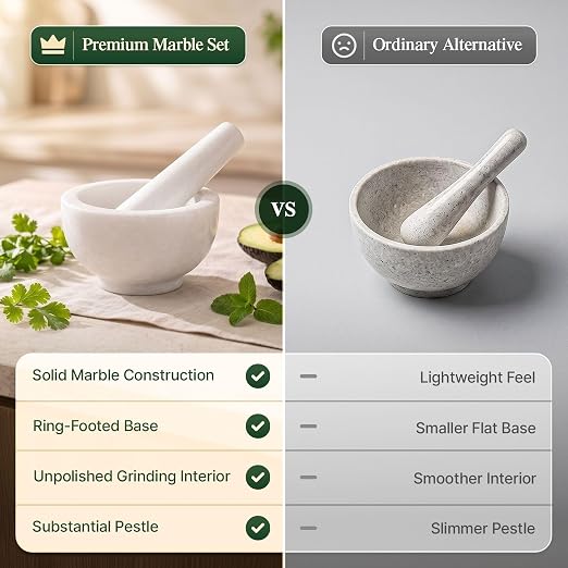 Flexzion Marble Mortar and Pestle Set - Solid Granite Stone Grinder Bowl Holder 5.5 Inch for Guacamole, Herbs, Spices, Garlic, Kitchen, Cooking, Medicine (White) | Crush Herbs, Garlic and Spices or Make Guacamole; The 1-1/4-Cup Bowl Has Thick Walls and...