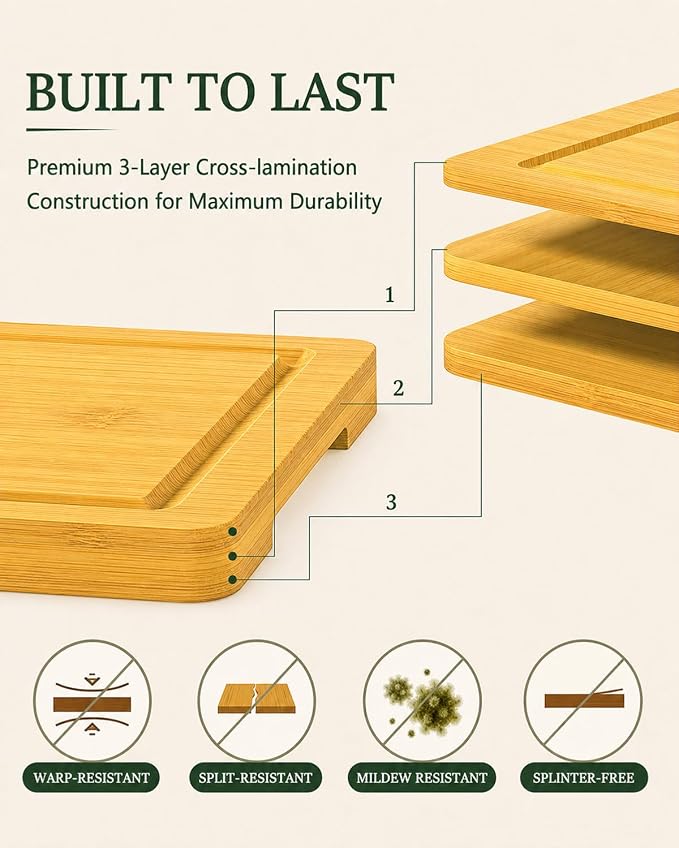 Cutting Board Set with Holder,Large Medium Small Wood Cutting Boards for Kitchen, Thick Chopping Boards with Built-in Handles, Serving Board for Meat, Vegetables, Cheese, Bread and Charcuterie