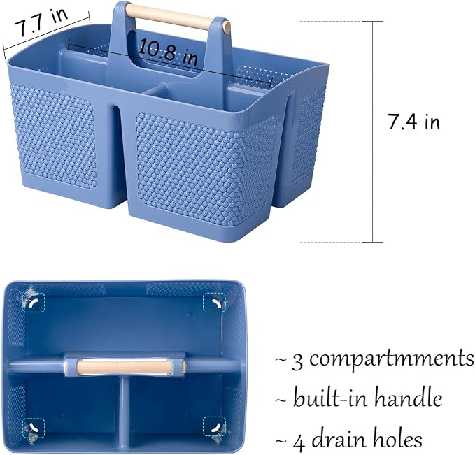 Plastic Shower Caddy, Portable Shower Basket with Handle, Dark Blue | Cleaning Caddy Organizer for Bathroom, College Dorm Room Essentials, Storage Tote