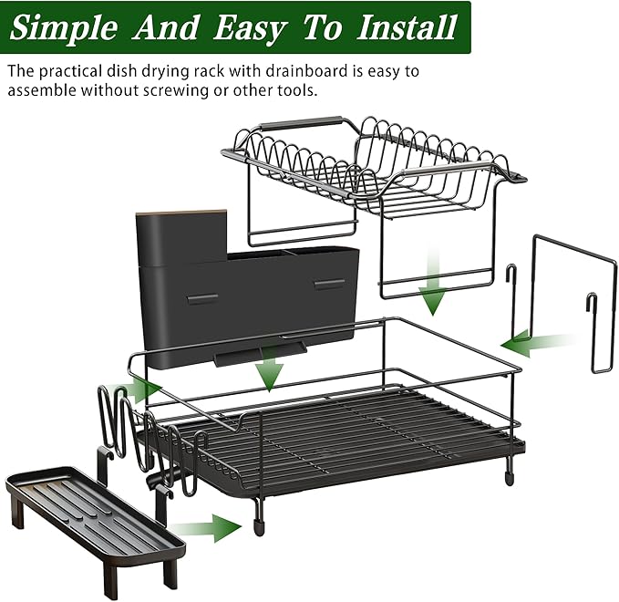 Runnatal Large Dish Drying Rack with Drainboard Set, Stainless Steel Detachable 2-in-1 Large-Capacity 2-Tier Over The Sink Anti-Rust Dish Rack and Dish Drainer for Kitchen Counter | 2 Tier Extendable Stainless Steel Dish Rack Used in Sink & Kitchen Cou...