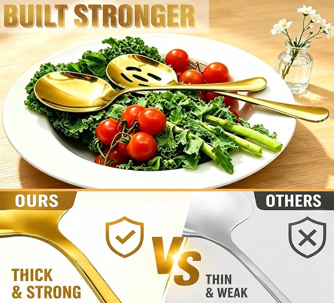 4-piece Gold Serving Spoons, 18/8 stainless steel, Large Buffet Serving Spoon, 2 Slotted Spoons & 2 Solid Spoons, Heavy Duty 304 Stainless Steel Tabletop Flatware Utensil for Banquet and Kitchen