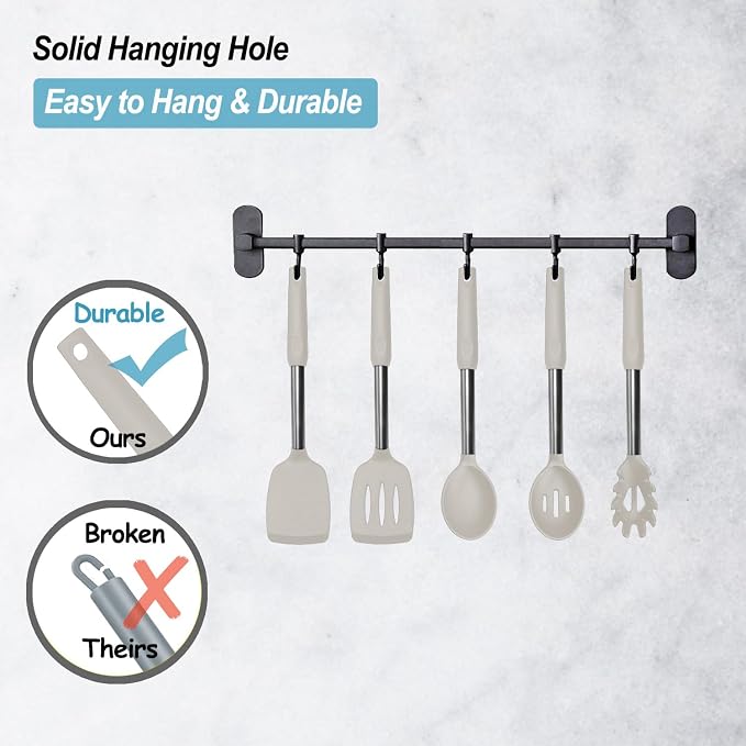 Silicone Spatula and Cooking Spoon,5 Pack Non-Stick Cooking Utensils for Kitchen，Heat Resistant Solid & Slotted Spoons and Spatulas, Stainless Steel Handle Coated with Silicone, Khaki