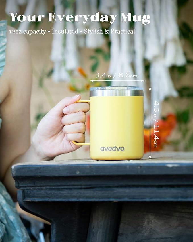 12oz Insulated Coffee Mug with Lid – Includes Two Lids, Stainless Steel Coffee Travel Mug with Handle, Double Wall Vacuum Insulated Camping Mug for Home, Office & Outdoor, Yellow