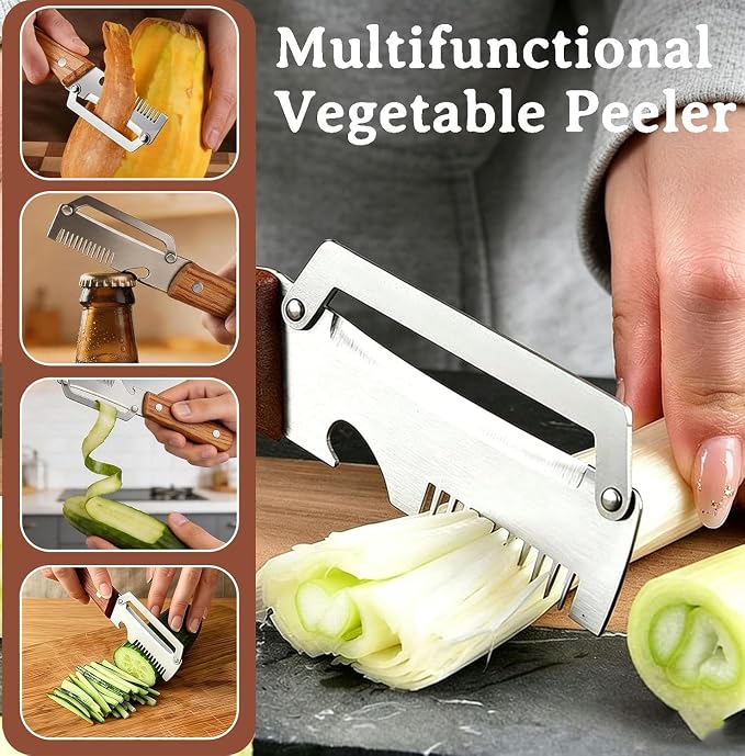 2Pcs MultiFunctional Vegetable Peeler,3 in 1 Multi Functional Wooden Handle Peeler and Bottle Opener,Peeler Knife for Fruit Pumpkin Peeling Potato Carrot Veggie Peeler