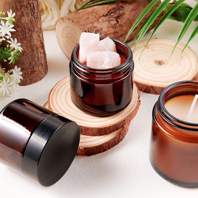 2oz Jars with Lids, Hoa Kinh 24 Pack Amber Cosmetic Glass Jars with Lids | Empty Cosmetic Containers Round Airtight Glass Jar with Inner Liners and Lid for Storing Lotions, Powders, and Ointments