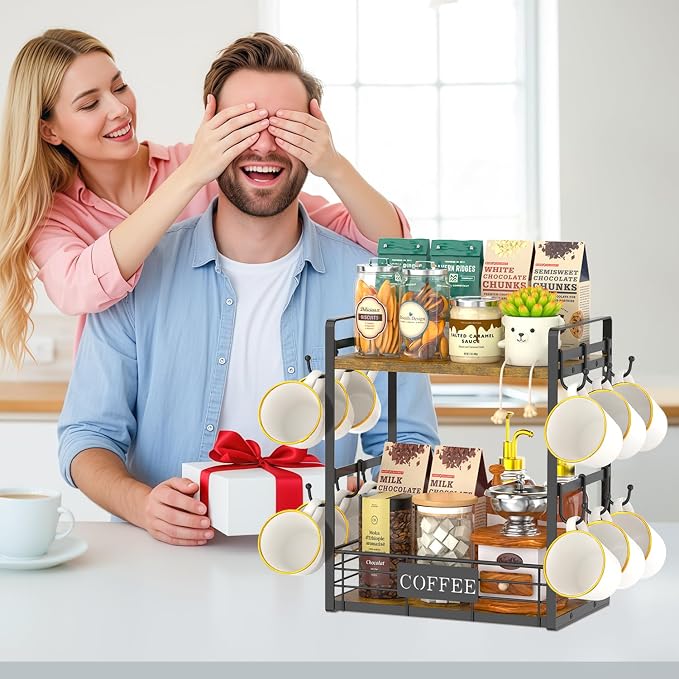 EsLuker.ly Coffee Mug Cup Holder Tree Bar Station Organizer, 2 Tier | Mug Stand Rack for Countertop Kitchen, Storage Tower Display Shelf with 12 Hooks, Coffee Nook Enhancer