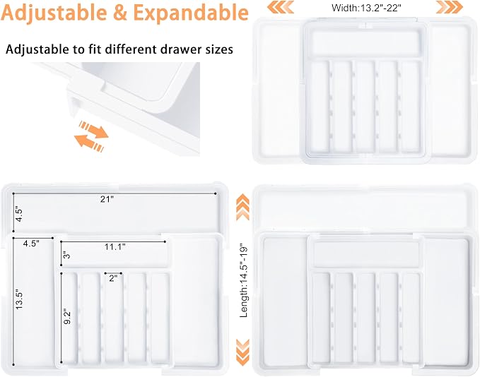 Large Silverware Drawer Organizer Expandable Kitchen Utensil Organizer BPA Free Flatware Cutlery Holder Tray Adjustable Plastic Drawer Divider Storage for Forks Knives 6-9 Slots White