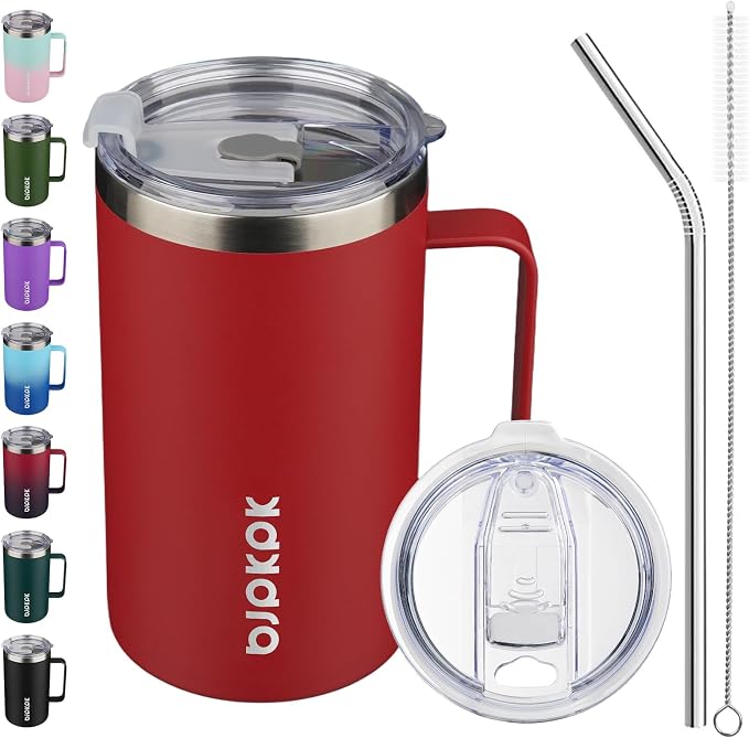 BJPKPK 25oz Insulated Coffee Mug with Handle, Stainless Steel Travel Mug | Keeps Drinks Hot & Cold, Double Wall Vacuum, 2 Lids Included, BPA-Free Coffee Tumbler for Home, Office & Travel
