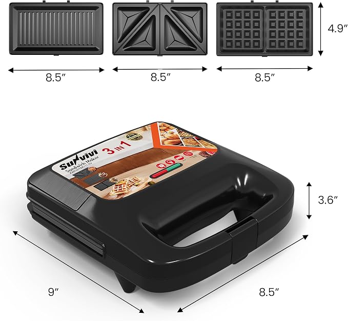 3 in 1 Electric Sandwich Maker with Removable Nonstick Plates - 800W,Black | for Belgian Waffle/Panini/Grill/Pancake Griddle/Breakfast,Dishwasher Safe,Cool Touch Handle,Easy to Clean & Store