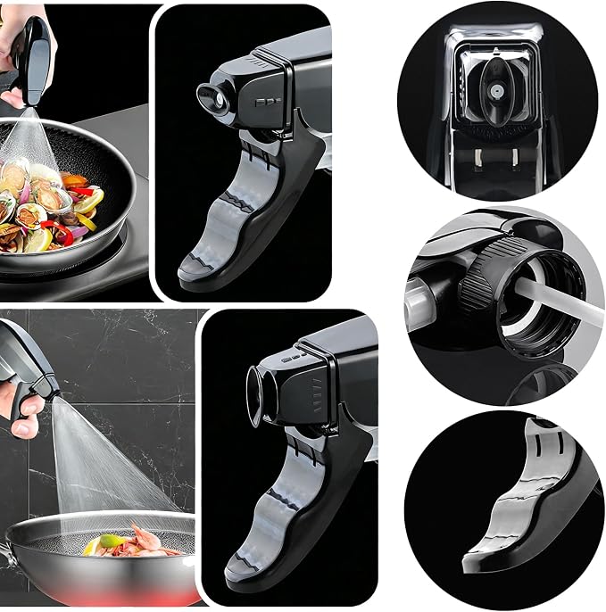 Oil Sprayer for Cooking 180ml, Olive Oil Mister with Fine Mist Trigger, Stainless Steel Refillable Glass Dispenser Bottle 6.35oz for Air Fryer BBQ Salad & Baking (Black+Stainless Steel)
