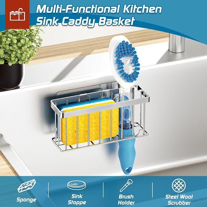 MURLONG Sponge Holder for Kitchen Sink,Sink Caddy Organizer with Suction Cups/Adhesive Strips,Dish Sponge Holder Design for Sponges,Scrubber,Stoppers-Silver