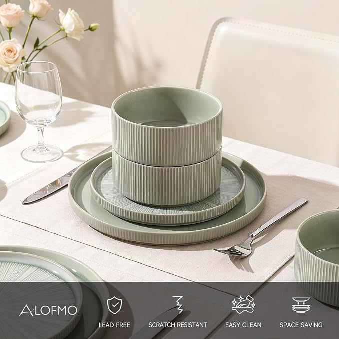 Stoneware Dinnerware Sets for 4, 12-Piece Plates and Bowls Set, Sage Green | Advanced Inkjet Printing Ceramic Dishes, Modern Minimalist Tableware, Scratch Resistant, Microwave and Dishwasher Safe