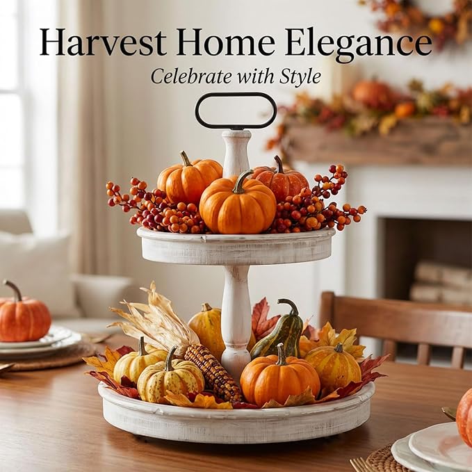Krismax Decorative Trays - Two Tiered Tray Stand Rustic Tiered Tray Decor 2 Tiered Tray Serving Tray Seasonal & Holiday Decoration Wooden Tray for Coffee Table Farmhouse Display Stand Tray