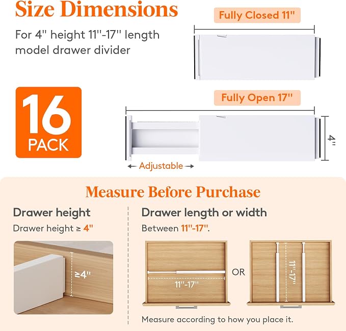 Lifewit 4" High Upgrade Drawer Divider, Adjustable Drawer Organizer Clothes | 16 Pack 11-17" Expandable White Plastic Drawer Separator for Dresser, Kitchen, Closet, Nursery, Office Organization & Storage