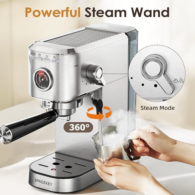 Spacekey Espresso Machine with Milk Frother, 20 Bar Compact Expresso Coffee Machines for Home, Stainless Steel Espresso Maker with 39oz Removable Water Tank for Cappuccino Latte, Fast Heating, Silver