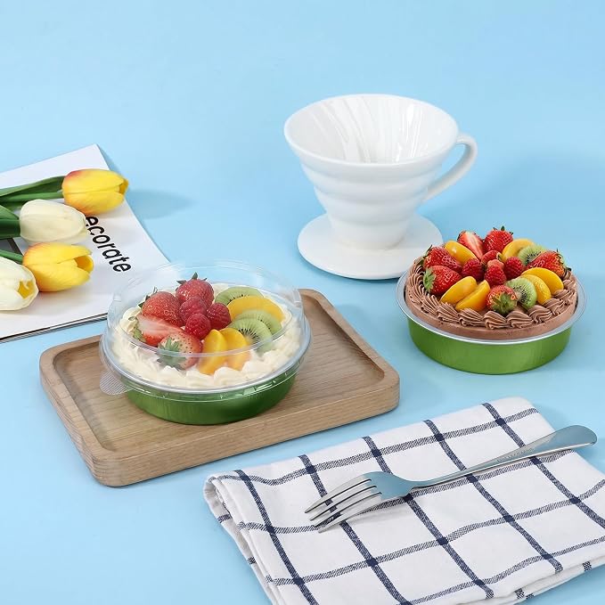 Beasea Mini Disposable Cupcake Pans with Lids, 100 Pack 7.3oz Aluminum Foil Baking Cups Tart Pie Tins, Small Round Tart Containers for Individual Dessert Muffin Cheesecake Quiche - Avocado Green