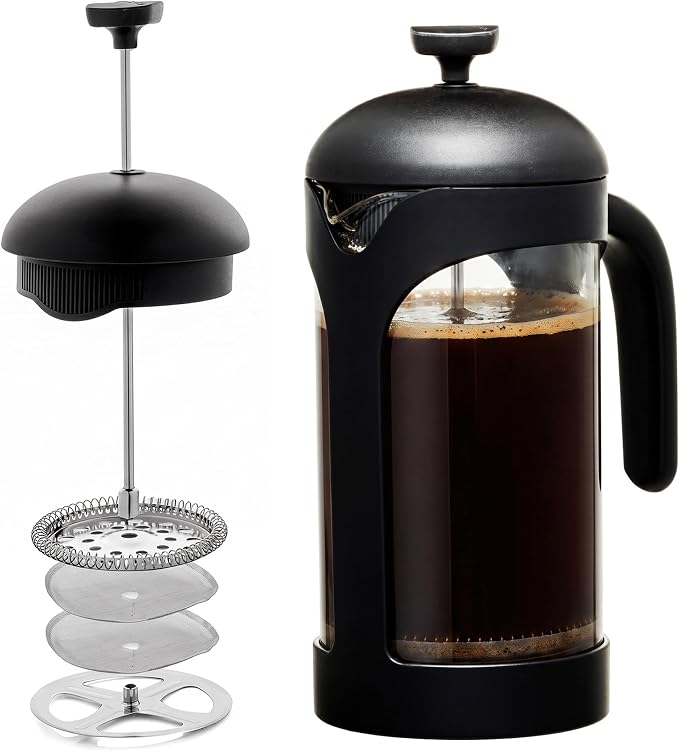 OVENTE 34oz French Press Coffee Maker with 4-Level Filtration, Black FPB34B | Heat Resistant Borosilicate Glass Pot, Dishwasher Safe Stainless Steel Filter, Portable Cafetiere for Travel, Camping or Gift