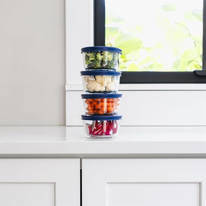 8-Piece Glass Food Storage Containers Set (4 Containers + 4 BPA-Free Lids) | 1-Cup, Leakproof | Microwave, Freezer, Oven & Dishwasher Safe | Ideal for Meal Prep & Pantry Organization, Blue