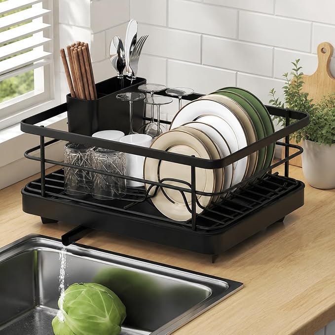 Dish Drying Rack for Kitchen Counter, Carbon Steel Sink Organizer with Drainboard & Cutlery Holder, Space-Saving Sturdy Metal Rack for Home Apartment (Black)