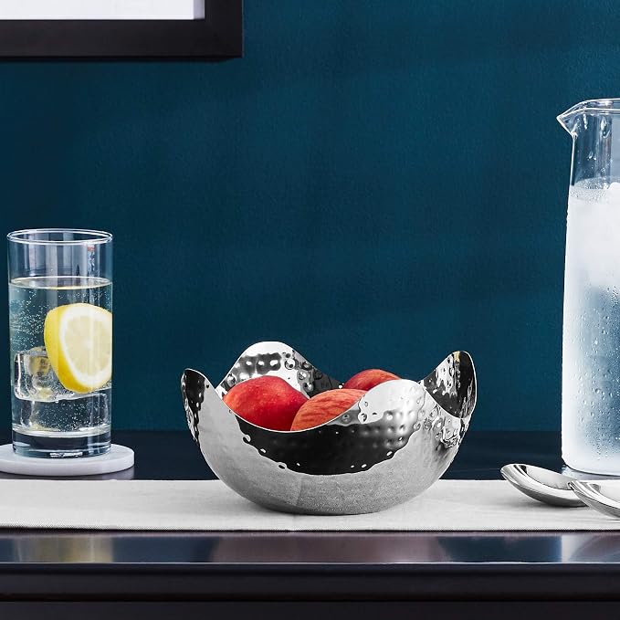 Elegance Hammered 8-Inch Stainless Steel Wave Serving Bowl, Silver, 8" x 8" x 4"