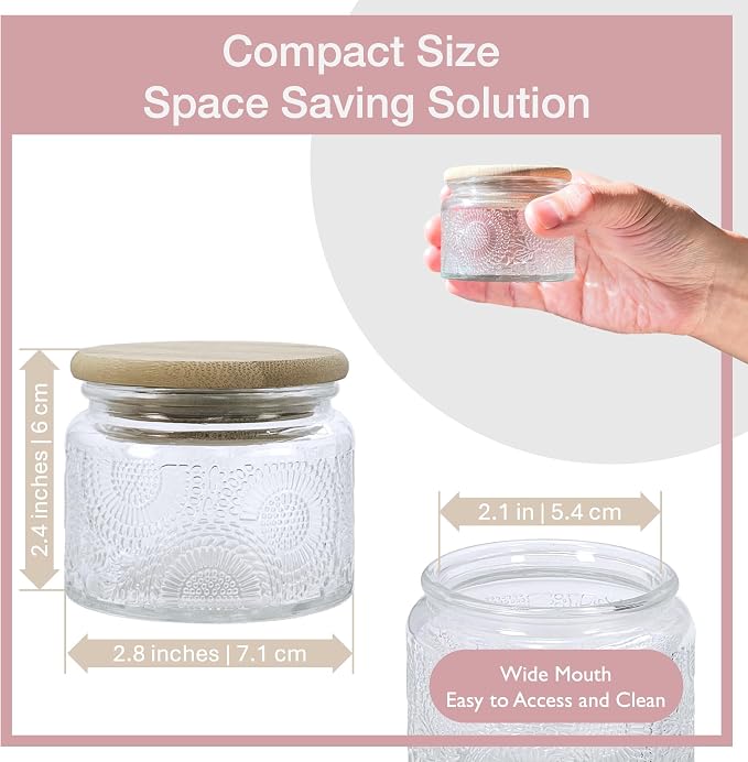 4 oz Decorative Small Glass Jars with Airtight Bamboo Lids, Clear 12 Pack | Vintage embossed containers, kitchen pantry bathroom organization & decor, spices, herbs, candle making, DIY gifts favors