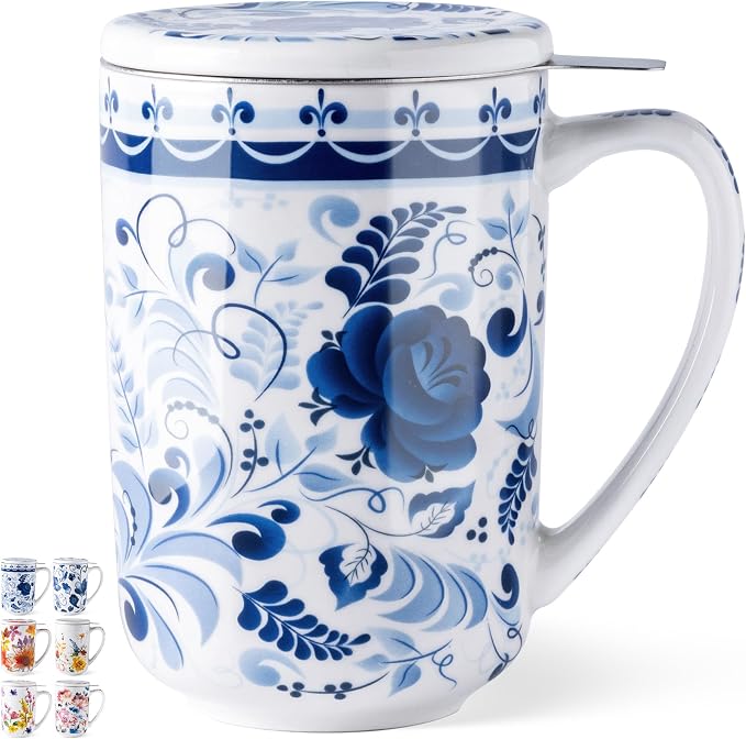 GBhome Tea Mug with Infuser and Lid,18 Ounce Ceramic Loose Leaf Cup Steeper | Lead-Free Glaze For Tea Lovers,Microwave & Dishwasher Safe with Tea Strainer