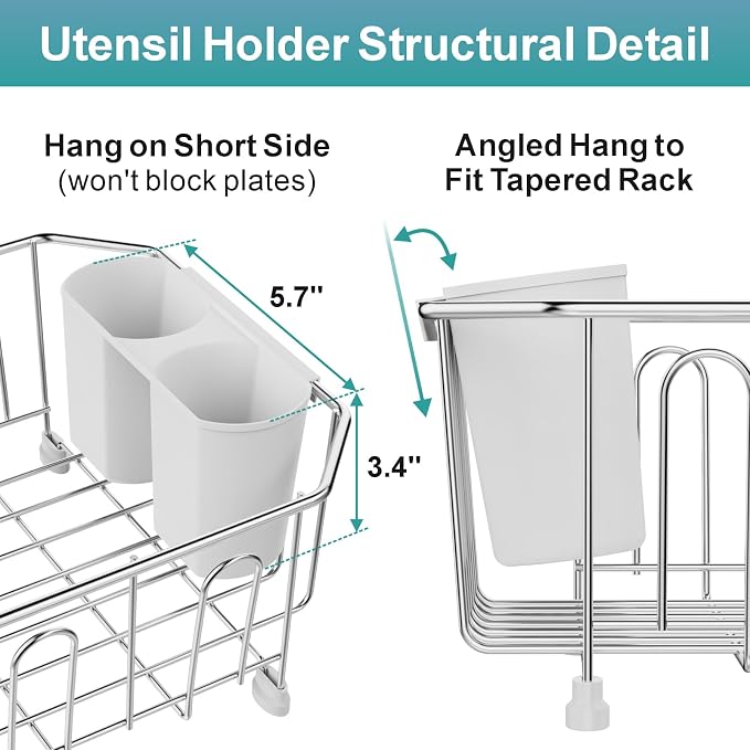Mini in Sink Dish Drying Rack - Stainless Steel for RV Kitchen | Small Design for Apartments, Angled Corners Fit Square & Round Sinks, Utensil Holder, Cup Hooks, Save Space, 9.5" W x 13.4" L