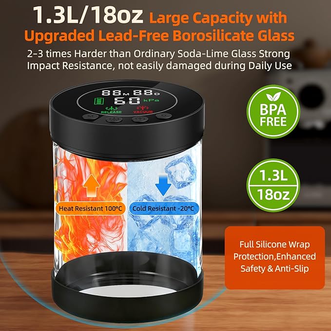 Electric Vacuum Coffee Canister, 1.3L Glass Airtight Food Storage Container | with Smart Pressure Sensor, Automatic Coffee Bean Container Rechargeable with LED Display Window for Kitchen Food Storage
