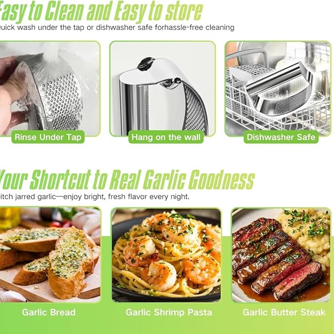 Garlic Press Rocker, Stainless Steel Garlic Mincer and Heavy Duty Stainless Steel Garlic Press Garlic Crusher,mincer tool Easy-Squeeze Garlic Tool with Peeler Cleaning Brush for Smashing Garlic