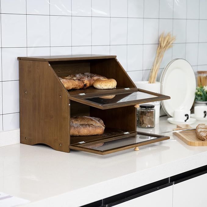 HOMEKOKO Double Layer Bread Box, Wooden Bread Storage Bin, Brown | Keeps Bread Fresh 3-4 Days, Large Capacity Fits 2+ Loaves, Suitable For Home Kitchen Food Storage Use, See-Through Window