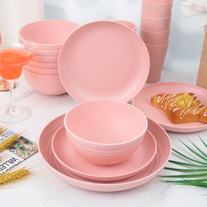 32Pcs Pink Plates and Bowls Sets for 8, Unbreakable Dinnerware | Lightweight reusable wheat straw pink dishes set. Shatterproof pastel camp plates & bowls for college dorm, RV, or picnics.